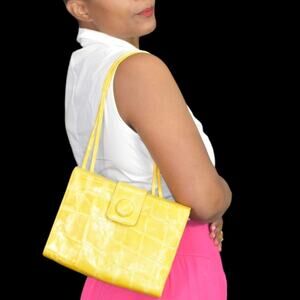 Vintage Shoulder Bag Yellow Leather Crossbody Croc Embossed Structured Frame 80s